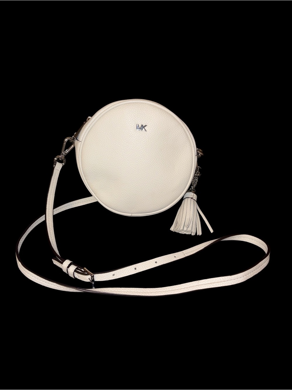 Michael Kors White Pebbled Leather Round Crossbody with Tassel